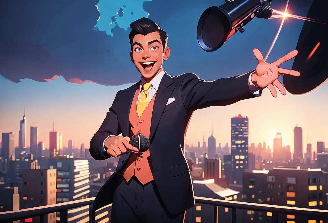 Excited news anchor holding a microphone with a bustling cityscape background, wearing a snazzy suit and a bright smile..