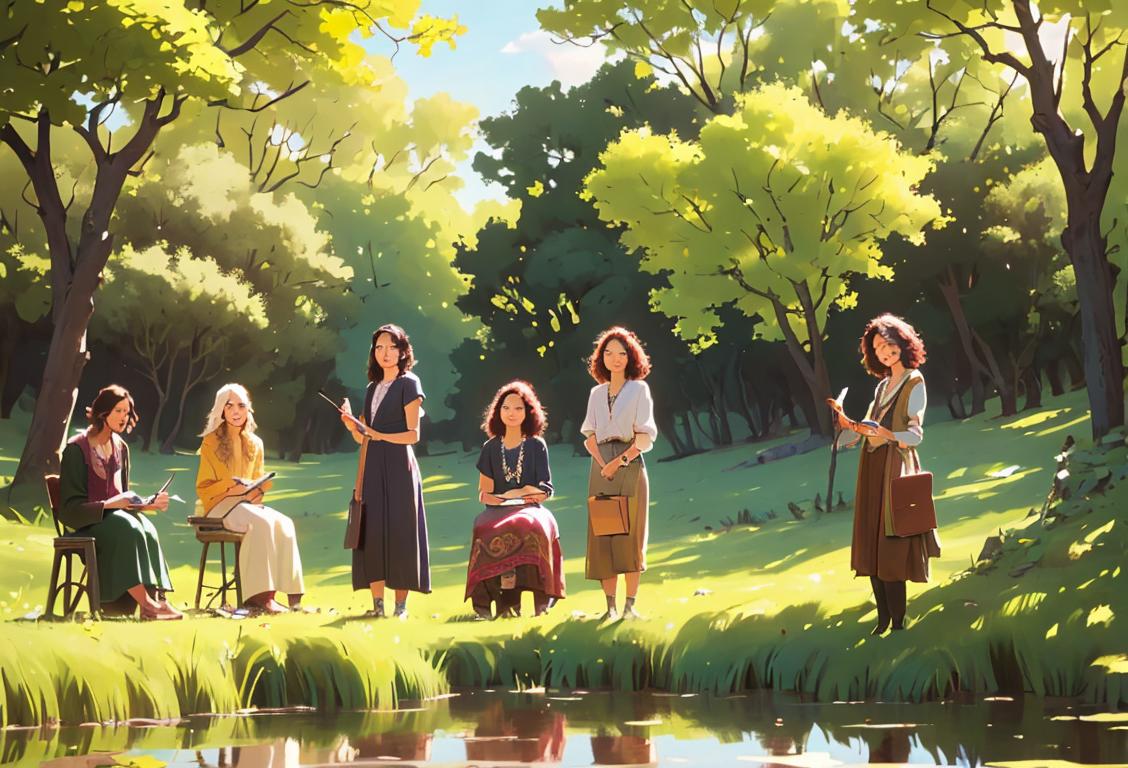 A diverse group of people holding pens and notebooks, surrounded by nature. Some are wearing bohemian-style clothing, others are dressed casually, reflecting the inclusive nature of poetry..