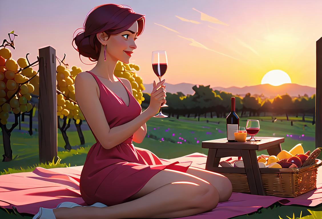 A cheerful woman holding a wine glass, wearing a flowy summer dress, enjoying a sunset picnic in a vineyard..