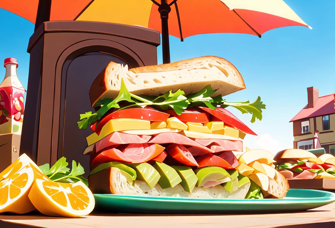 Cheerful person building a towering sandwich with a variety of cold cuts, vibrant ingredients, and a sunny picnic scene in the background..
