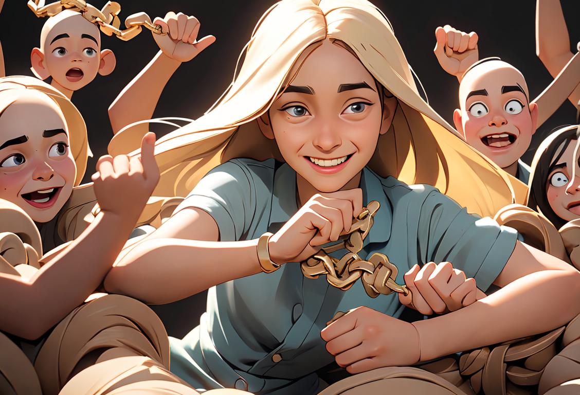 A smiling young woman, wearing a simple and comfortable outfit, surrounded by people forming a helping hand chain..