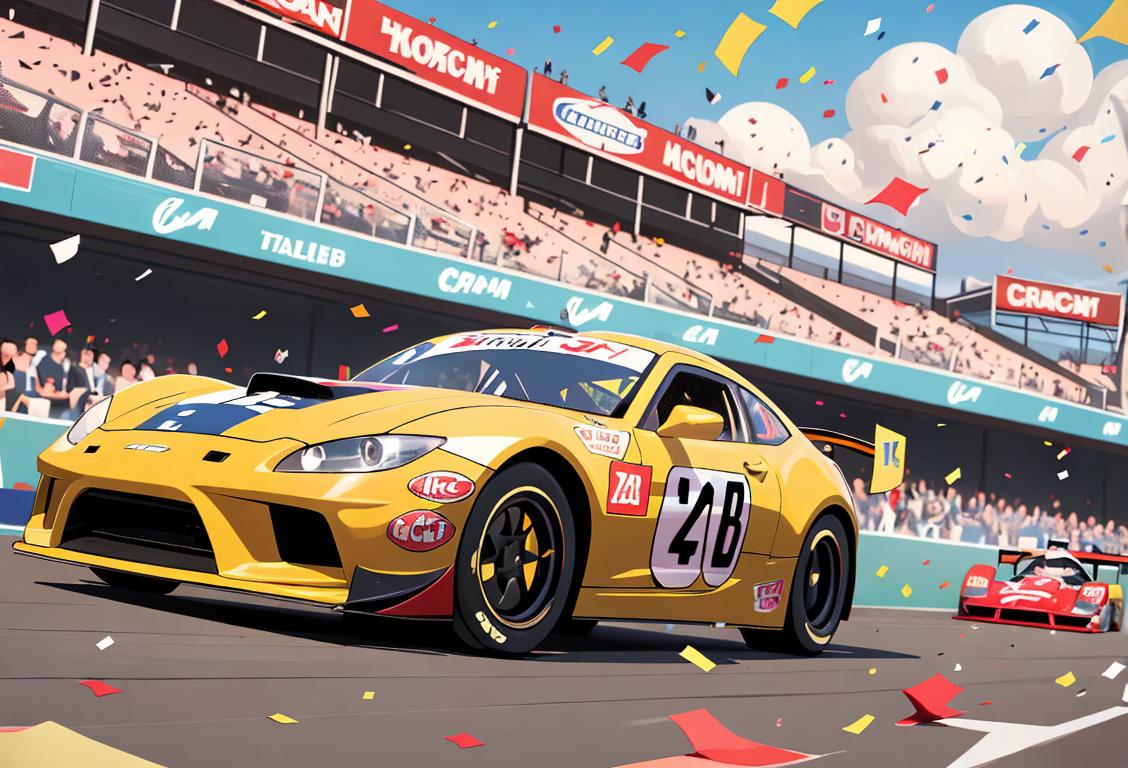 Excited racing fans wearing checkered flag shirts, cheering in a crowded stadium, with race cars speeding by and confetti falling from the sky..
