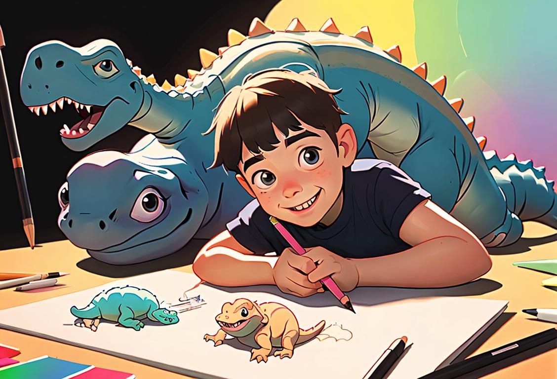 A child with a big smile, holding a pencil and sketching a friendly dinosaur, surrounded by colorful art supplies..
