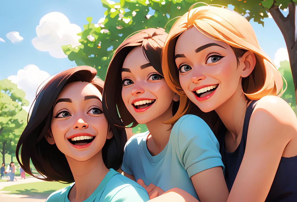 Happy individuals laughing together on a sunny day, wearing casual attire, diverse group, scenic outdoor park setting..