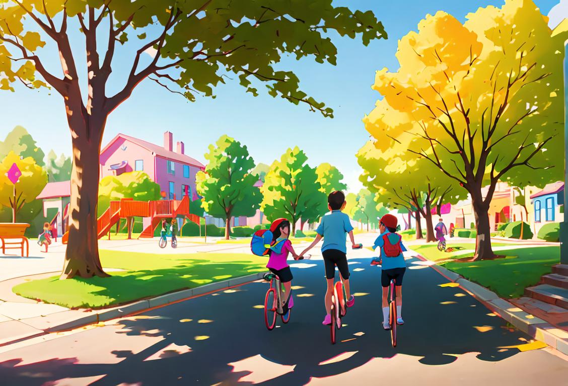 Happy kids walking and biking together to school, wearing colorful backpacks, in a sunny neighborhood with trees and playground..