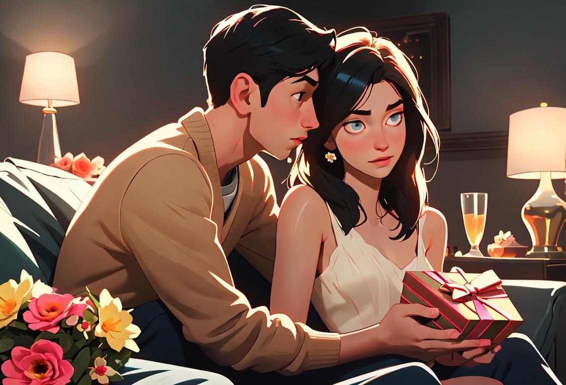 Young woman giving her boyfriend a heartfelt gift, both dressed in casual attire, cozy living room setting with string lights and a bouquet of flowers..