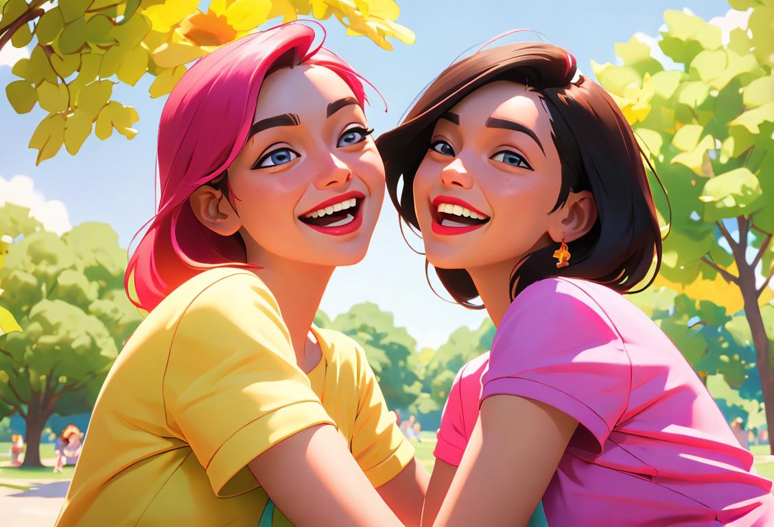 A diverse group of friends, dressed in colorful summer outfits, laughing and embracing in a sunny park..