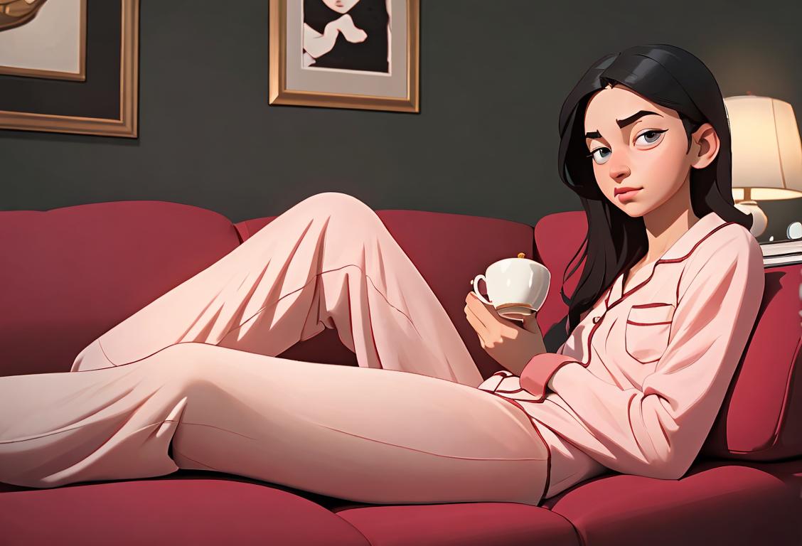 Cozy living room, with a person lounging on a comfy couch wearing pajamas with a book and a cup of tea nearby..