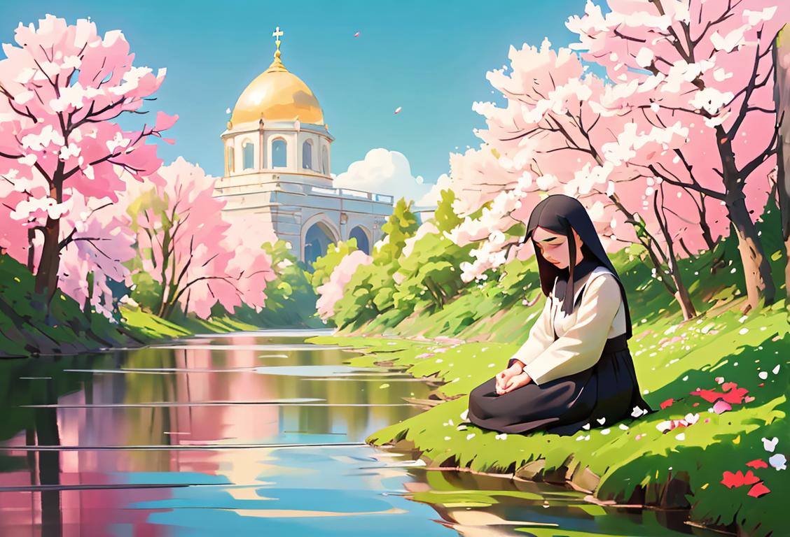 A person in peaceful prayer, wearing comfortable clothing as they sit outside in nature, surrounded by blooming flowers and a calm river..