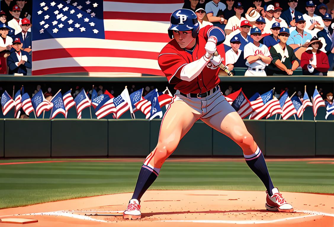 Baseball players in vintage uniforms, posing against a backdrop of a packed stadium with American flag banners, capturing the spirit of National Baseball Hall of Fame Induction Day..