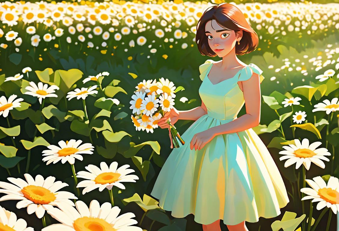 Young woman holding a bouquet of daisies, wearing a summer dress, standing in a garden full of colorful flowers..