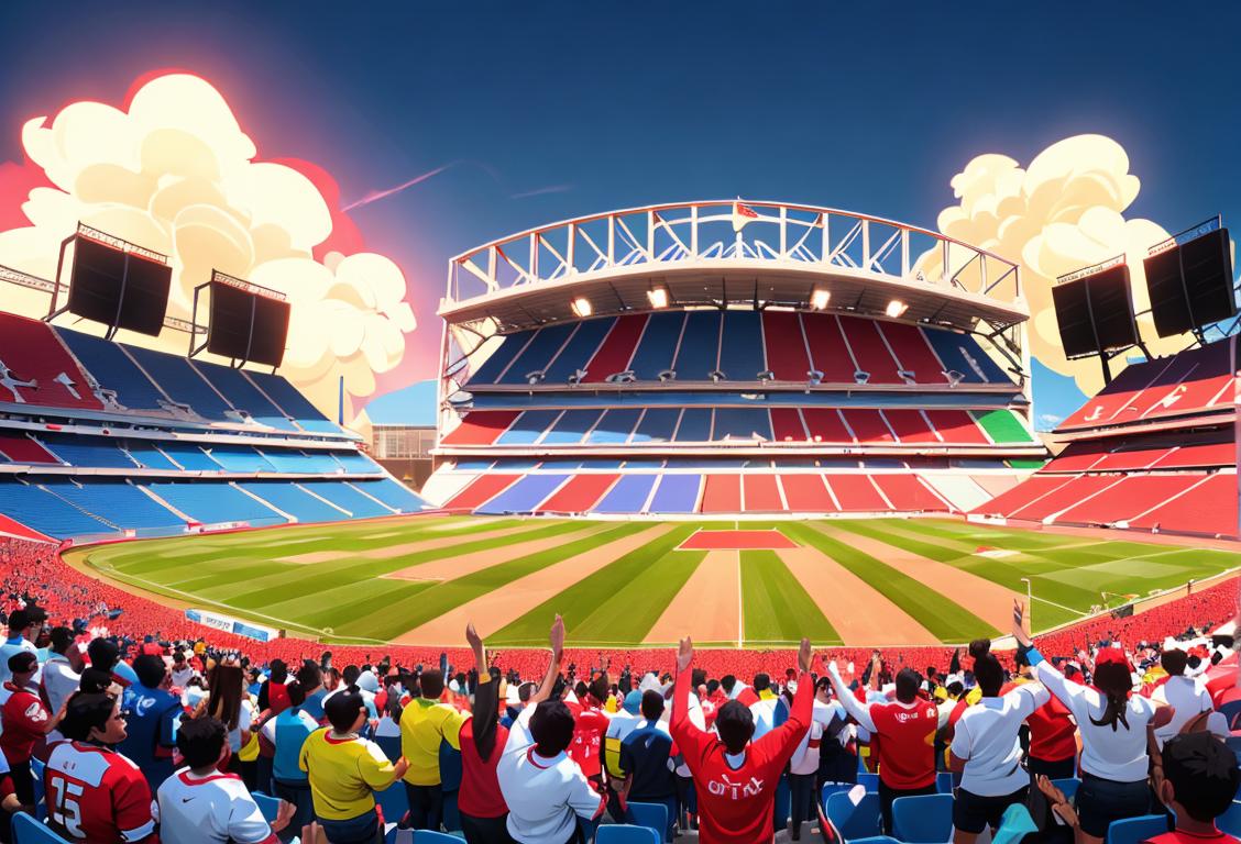 Vibrant shot of a diverse group of fans in national jerseys, waving flags, and cheering loudly, representing the electrifying atmosphere of National Stadium Day..