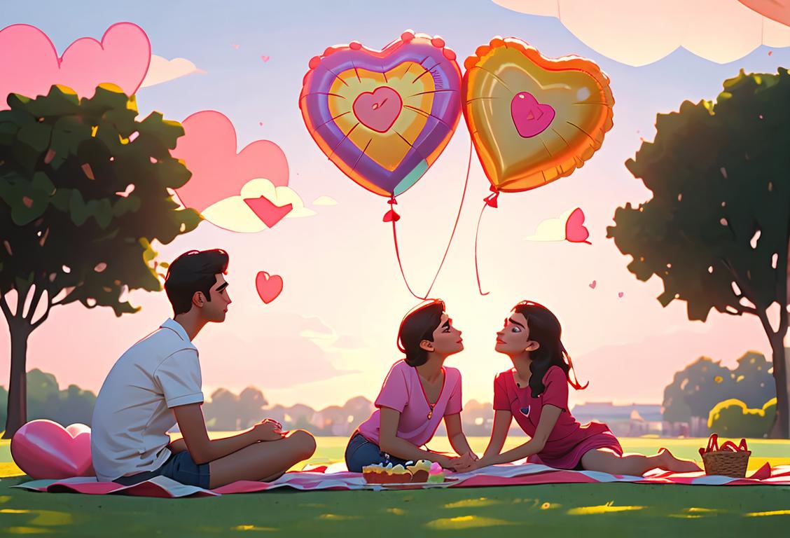 Young couple sharing a heart-shaped balloon, dressed in casual summer outfits, enjoying a sunset picnic in a peaceful park..