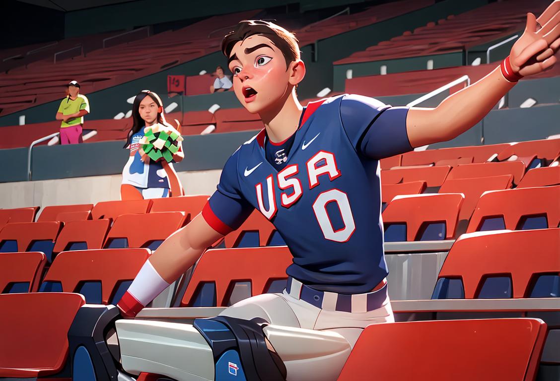 Young athlete with prosthetic legs, wearing Team USA jersey, in a stadium filled with cheering fans..