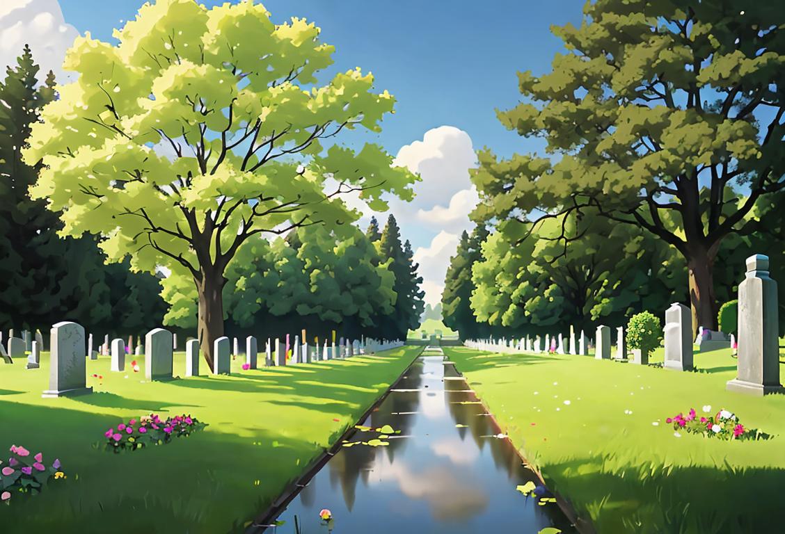 A peaceful scene of a park with rows of headstones, surrounded by trees and flowers. People reflecting and paying respect..