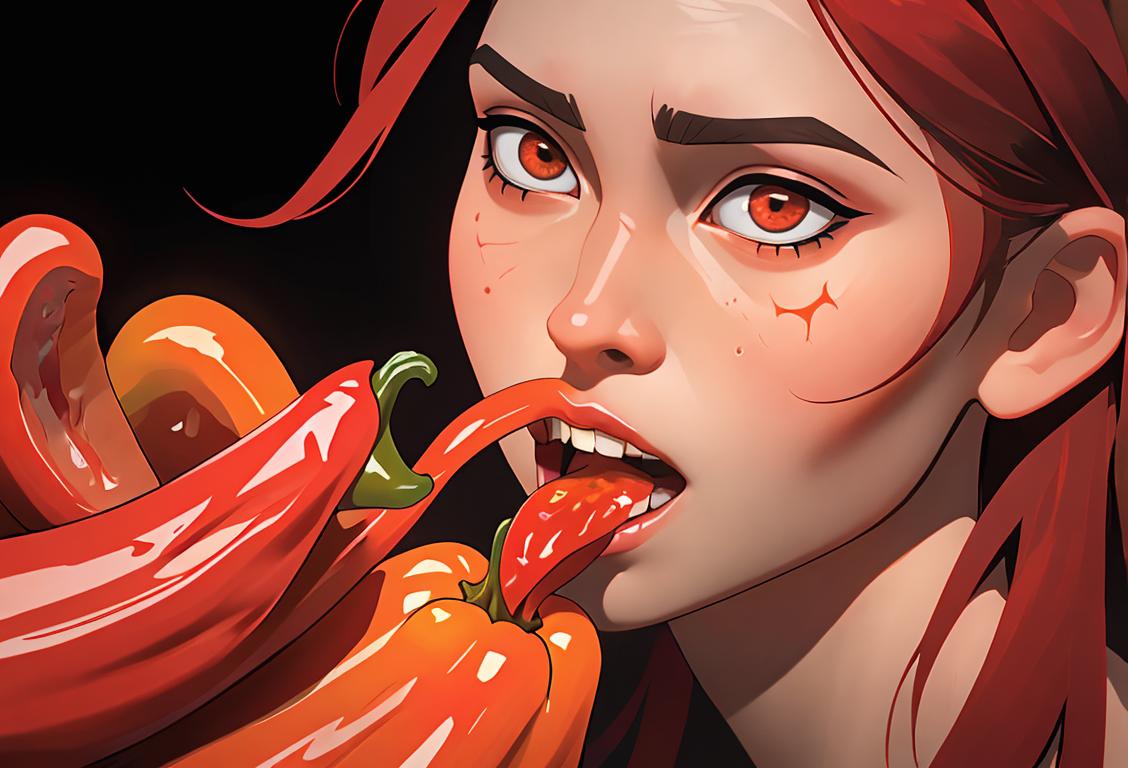 A person bravely taking a bite of a fiery hot pepper, against a backdrop of vibrant colors and spices..