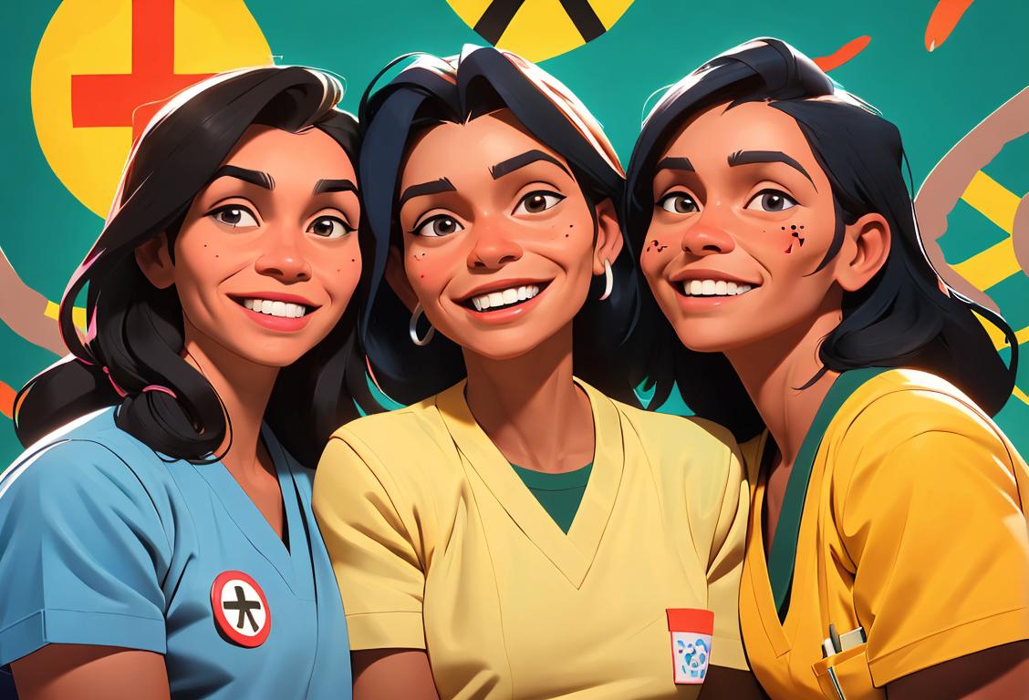 A group of joyful Aboriginal nurses in colorful scrubs, smiling and supporting each other, surrounded by diverse patients and healing symbols..