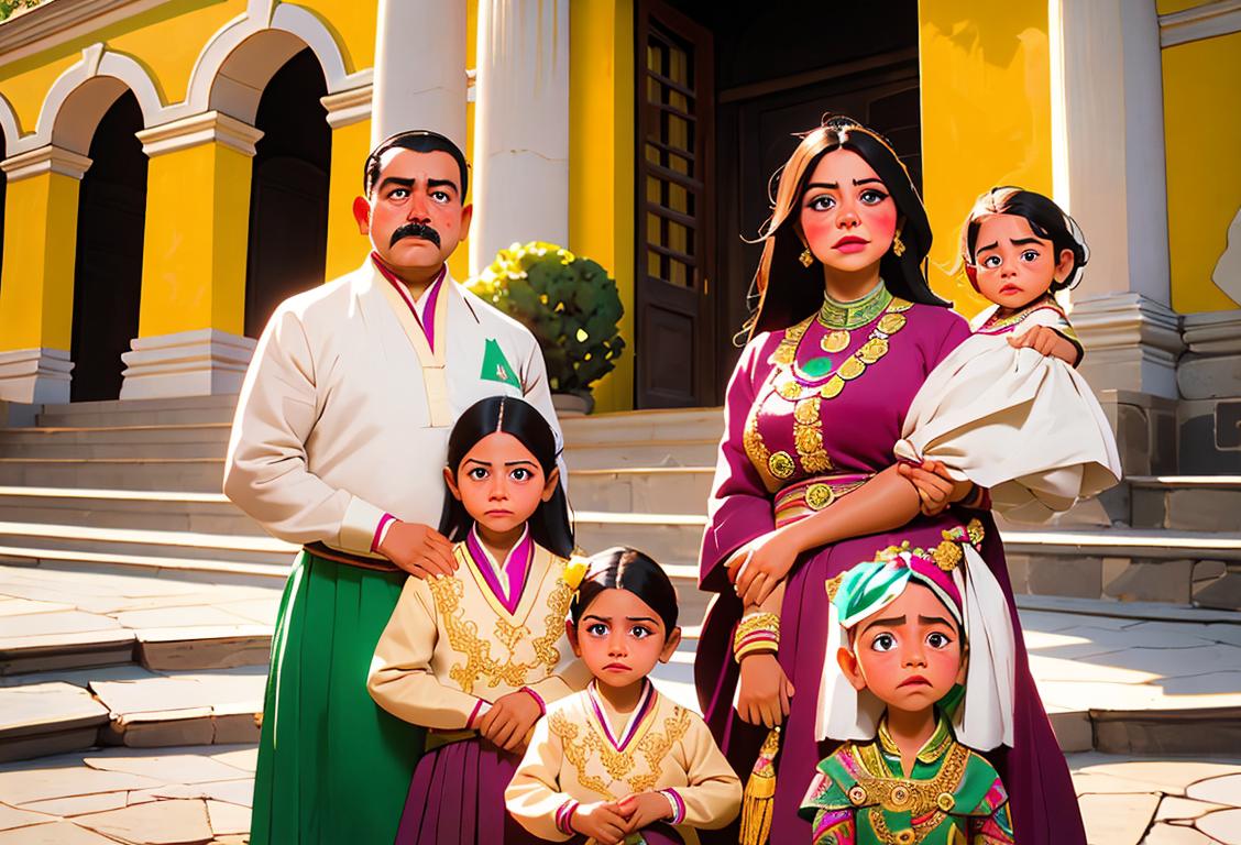 A proud Mexican family in front of the National Palace, wearing traditional clothing, surrounded by vibrant Mexican culture..