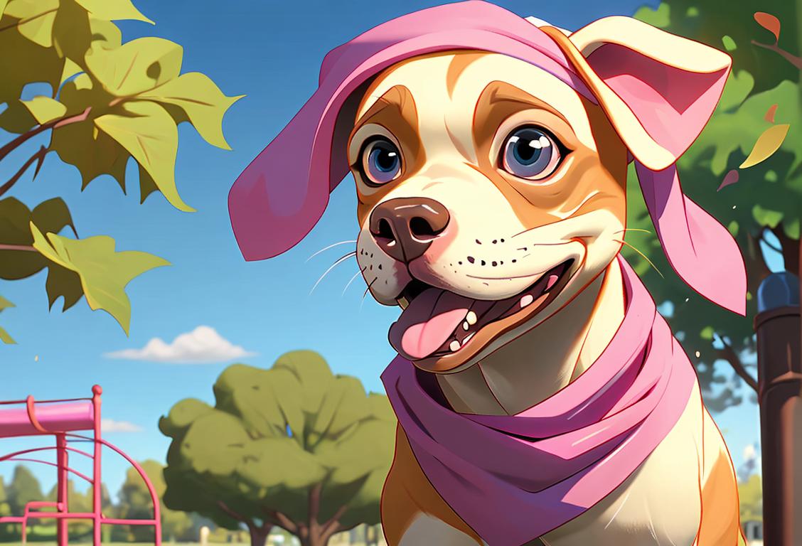 Happy canine with a shiny wet nose, wearing a colorful bandana, playing in a sunny park..