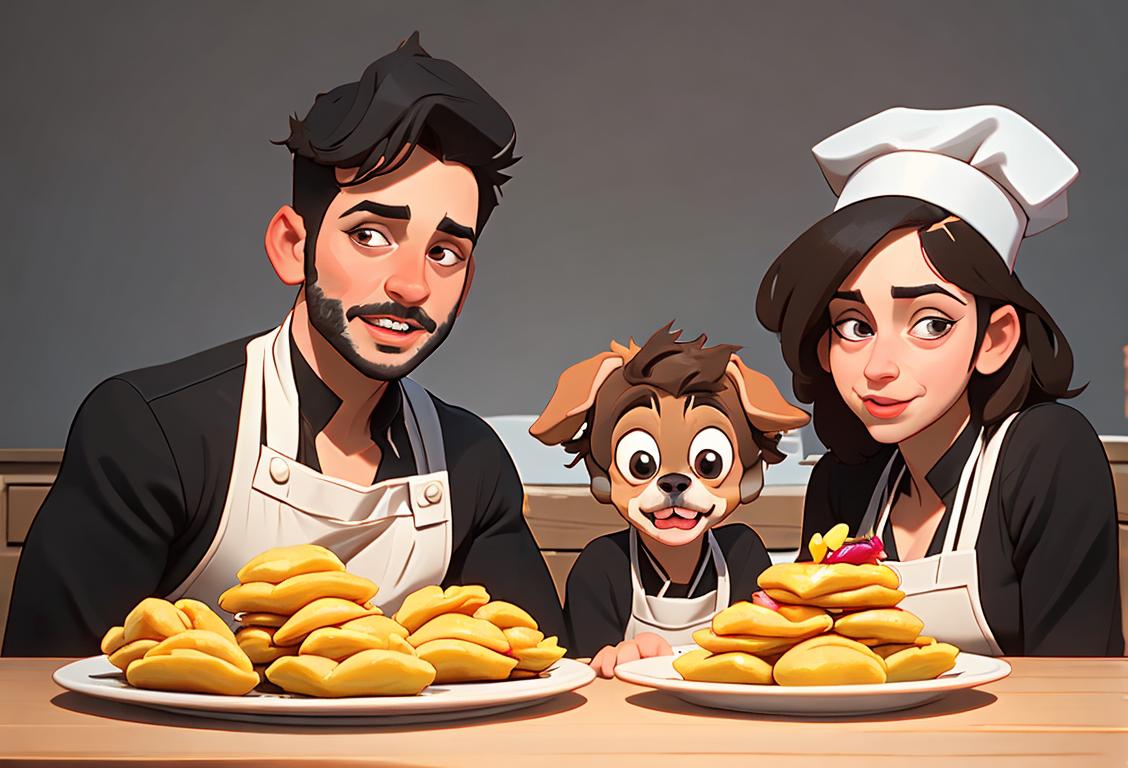 A family of adorable mutts wearing chef hats, surrounded by delicious fritters, and receiving cuddles from their humans..