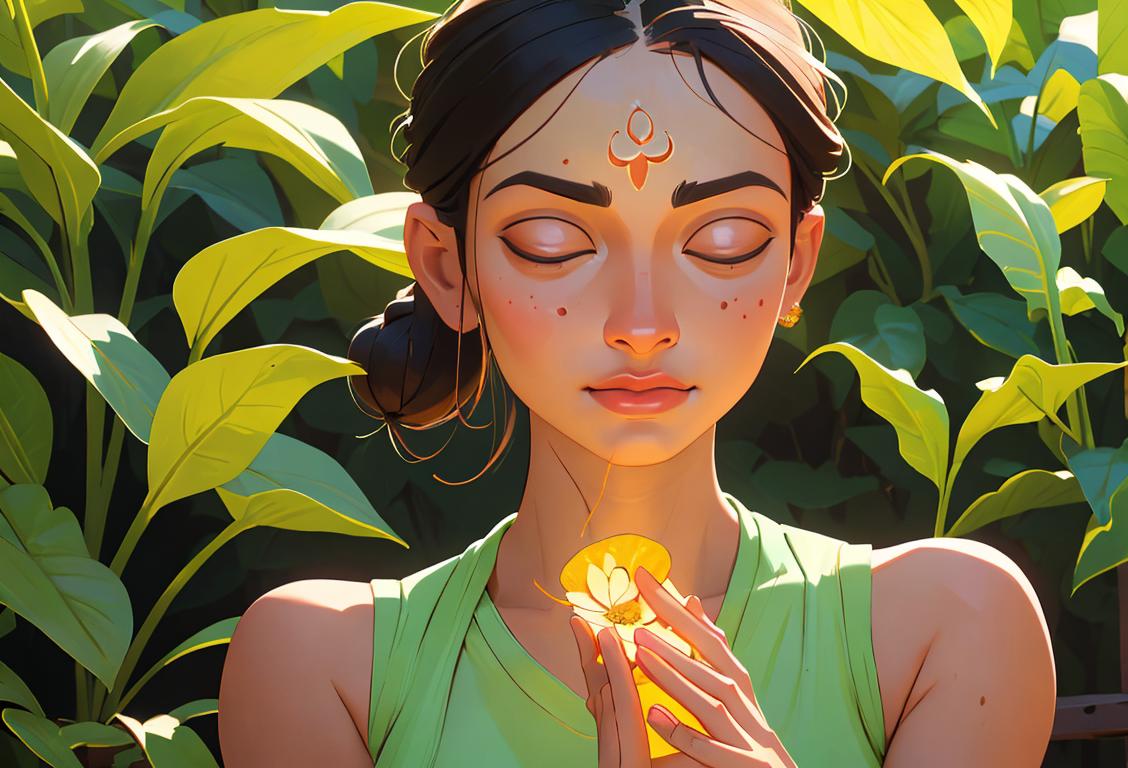 Close-up of a person meditating in a serene outdoor setting, wearing comfortable yoga clothes, surrounded by Ayurvedic herbs and plants..