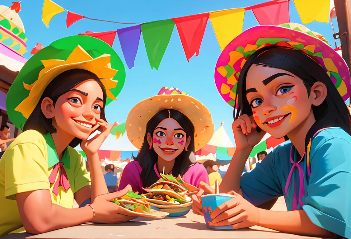 Cheerful individuals enjoying free tacos with friends at a vibrant outdoor fiesta, featuring colorful sombreros and a festive Mexican-inspired setting..