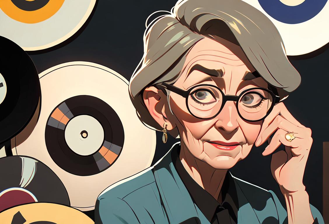 Elderly woman wearing trendy glasses, surrounded by vintage records and rocking a chic, retro fashion style..