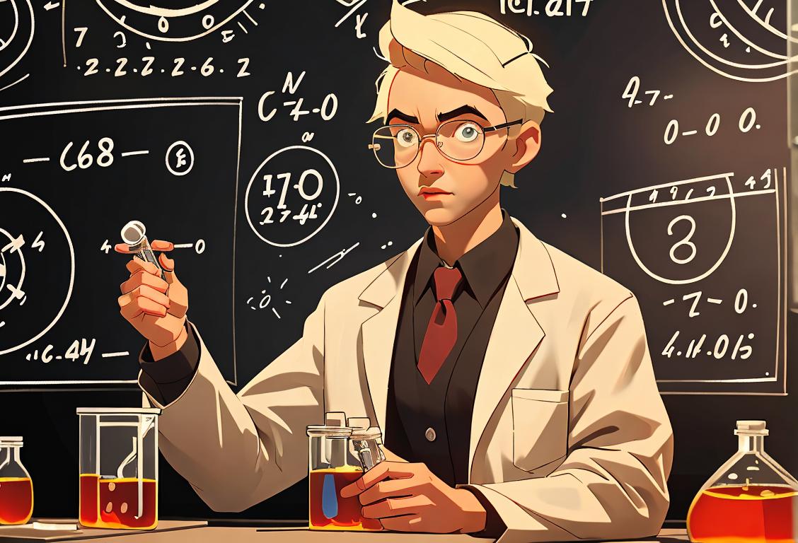 Young scientist in lab coat, holding a nuclear symbol, surrounded by glowing test tubes and a chalkboard filled with formulas..