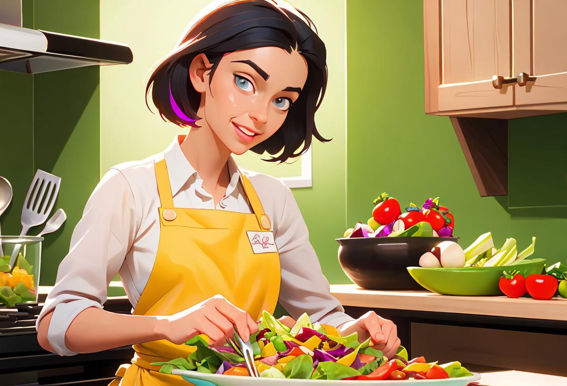 Young woman happily preparing a colorful salad, wearing a chef's apron, in a vibrant kitchen..