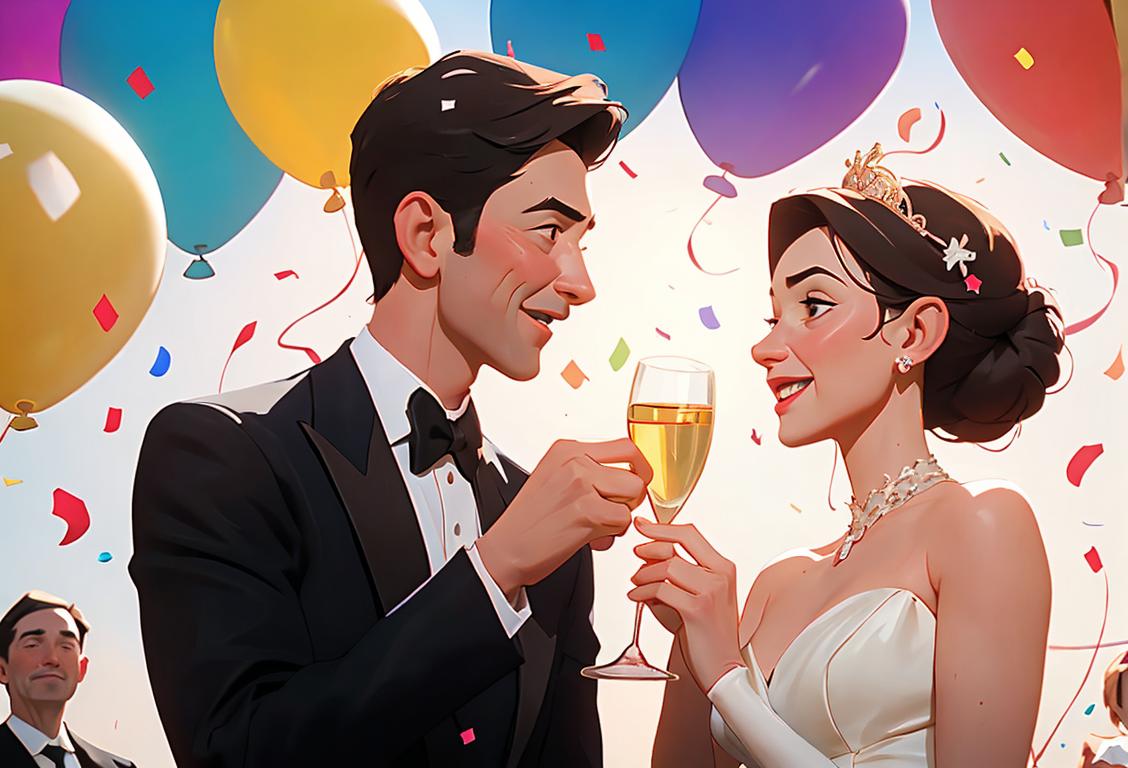 Happy couple raising a toast, wearing elegant attire, surrounded by balloons and confetti, celebrating an important milestone in their lives..