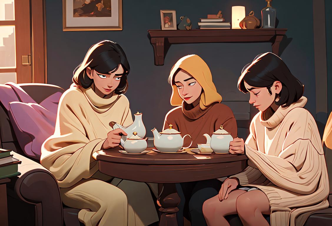 Group of diverse friends having a virtual hangout, wearing cozy sweaters, surrounded by warm and comforting elements like blankets, tea, and books..