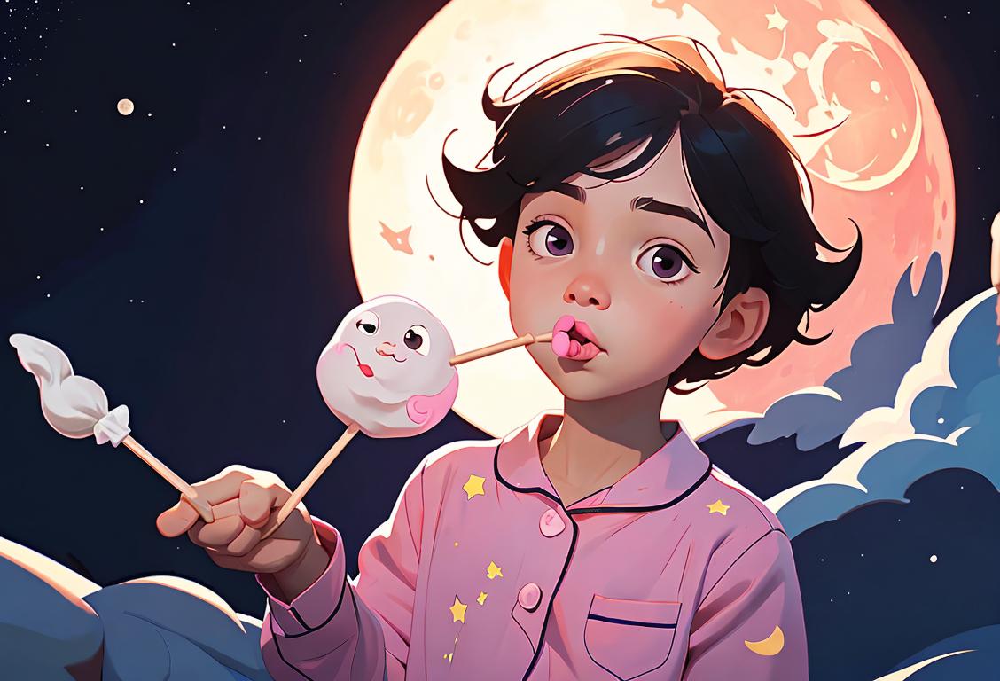 Child holding a moon-shaped lollipop, wearing pajamas covered in stars, night sky backdrop..