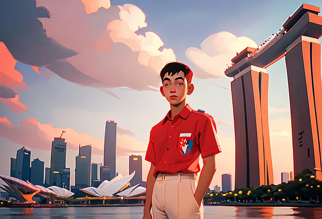 Young man wearing a red and white shirt, holding a Singapore flag, standing in front of iconic Singapore skyline..