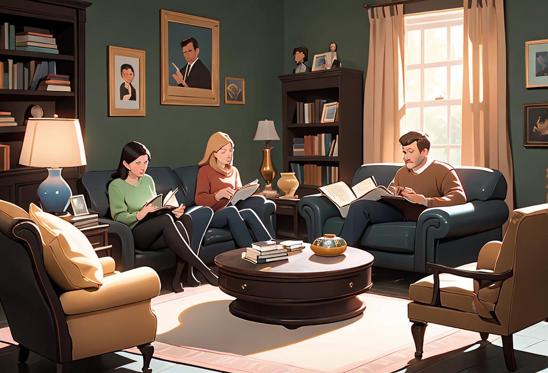 A diverse group of people sitting together in a cozy living room, surrounded by books and engaged in conversation about their favorite reads..