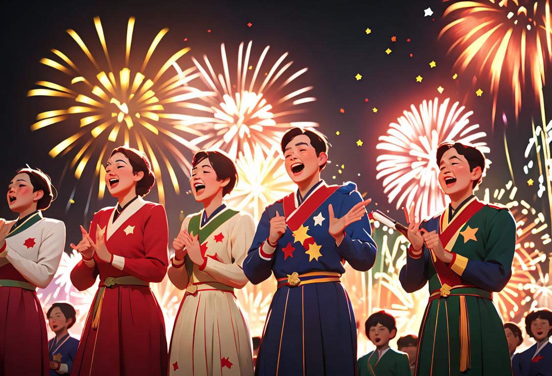 A joyful group of diverse individuals singing national songs, dressed in their country's traditional attire, against a backdrop of fireworks and patriotic decorations..