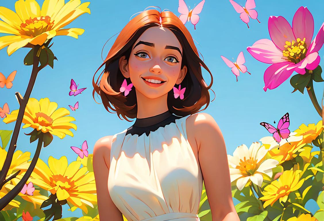 Young woman with a radiant smile, wearing a flowy sundress, surrounded by vibrant flowers and butterflies..