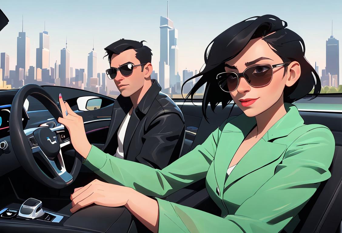 Young couple happily driving an electric car, wearing sunglasses and stylish attire, with a futuristic cityscape in the background..