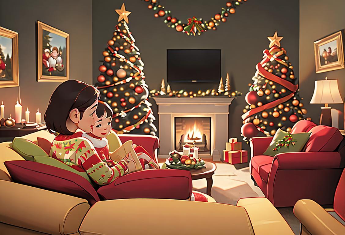 Cheerful family sitting on a couch surrounded by Christmas decorations, watching television, wearing cozy holiday sweaters, with a fireplace in the background..