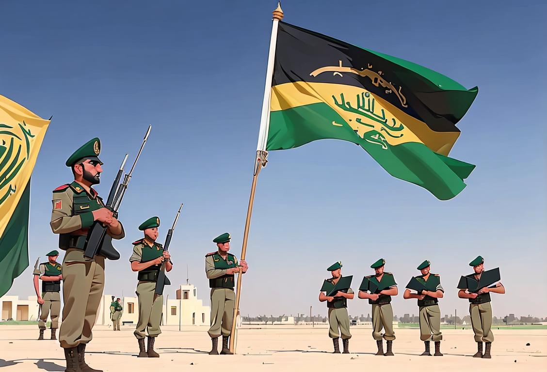 A group of Iraqi soldiers standing tall and proud in their military uniforms, with the backdrop of the Iraqi flag waving in the wind..