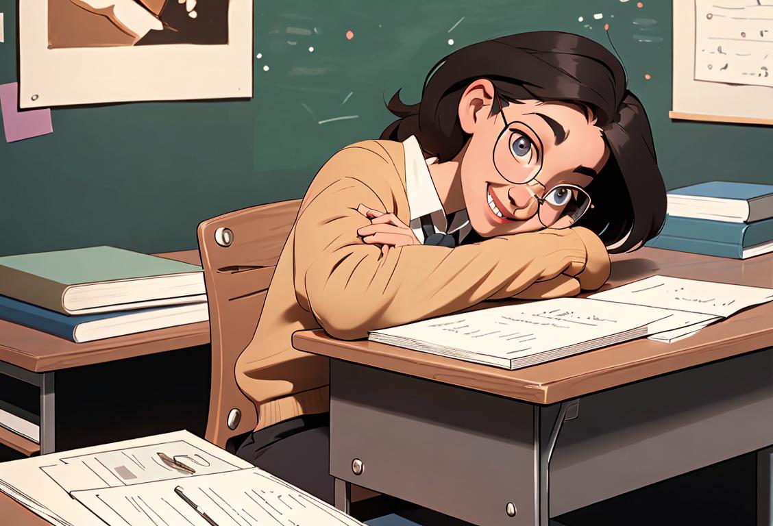 Young student sitting at desk, surrounded by textbooks and school supplies, wearing glasses, with a smile, cozy home setting..