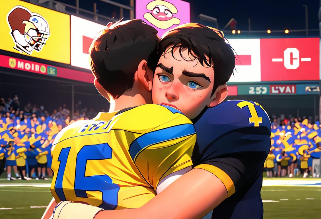 Young football fan wearing team jersey giving a quarterback a heartfelt hug, surrounded by cheering crowd and vibrant stadium lights..