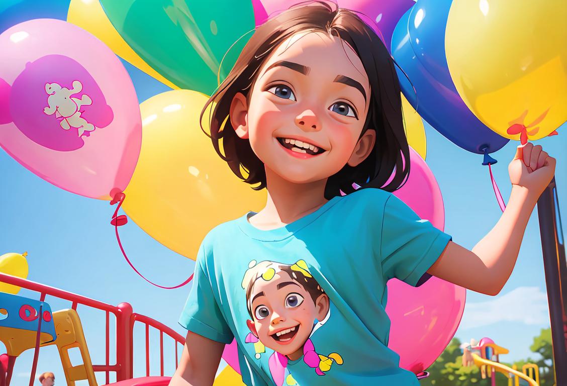 Young child with a beaming smile, wearing a colorful t-shirt, playground scene with balloons and other children playing..