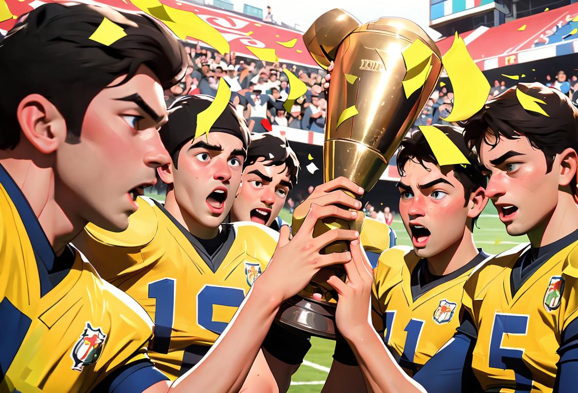 A group of football players lifting the trophy, wearing team jerseys, surrounded by cheering fans and confetti..