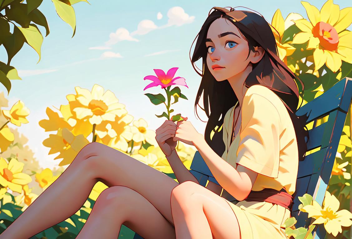 Young person sitting cross-legged outdoors, holding a flower, bohemian style, sunny natural environment..