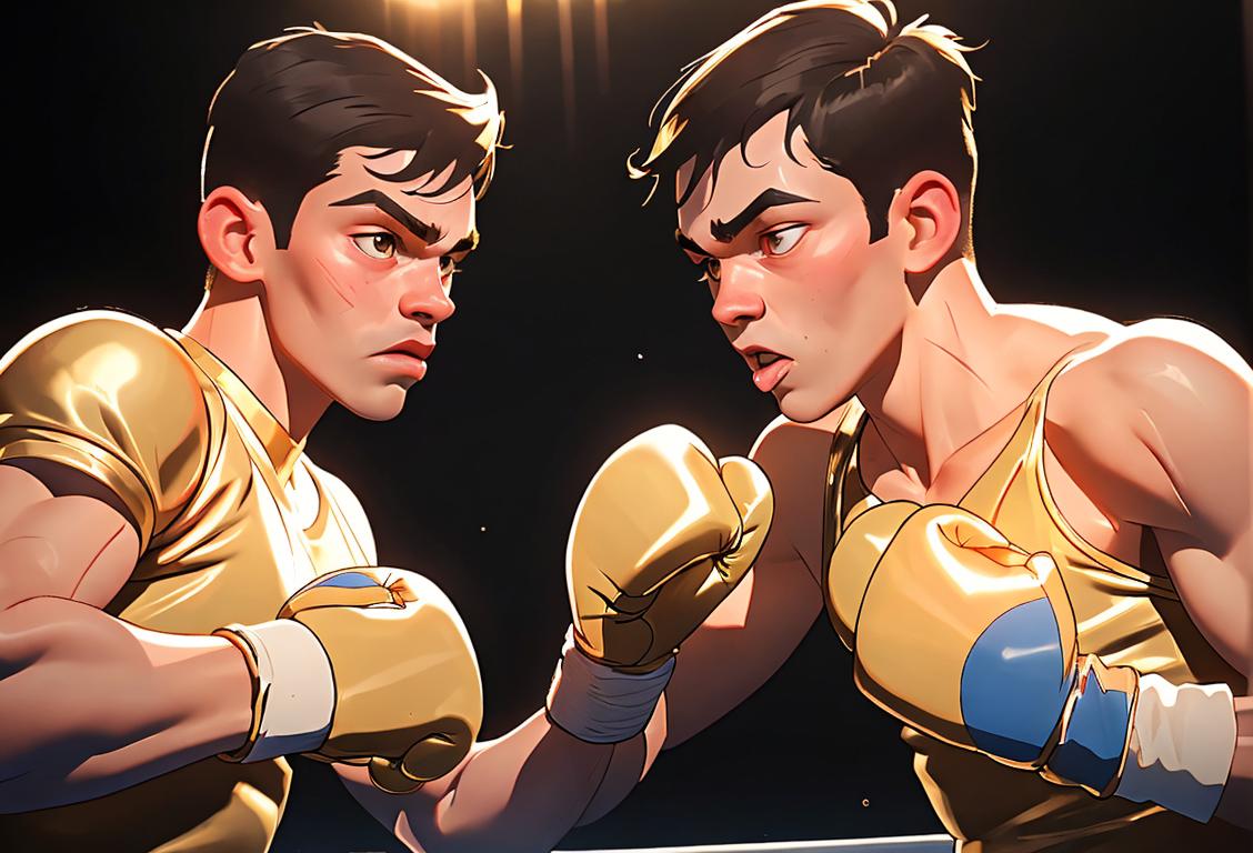 Two young boxers in the ring, wearing golden gloves, surrounded by cheering crowd, showcasing strength, determination, and sportsmanship..