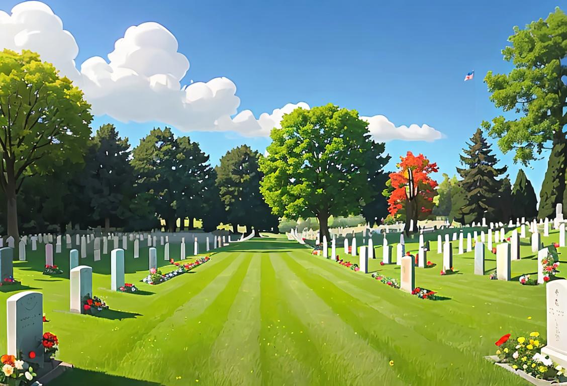 A peaceful national cemetery with flowers and flags, surrounded by greenery, under a clear blue sky..
