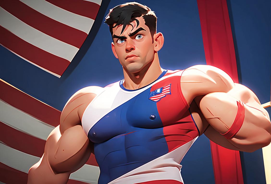 Young man proudly flexing his muscles, wearing a patriotic t-shirt, a gym setting decorated with American flags..
