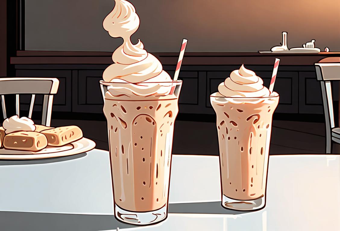 A joyful person, holding a tall glass of vanilla milkshake, surrounded by a retro 1950s inspired diner setting..