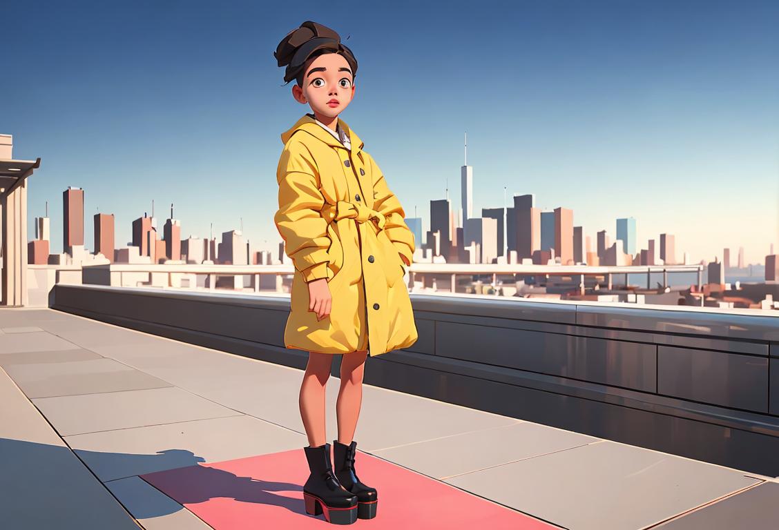 Young person standing on a national platform, wearing a stylish outfit, surrounded by a modern cityscape. .