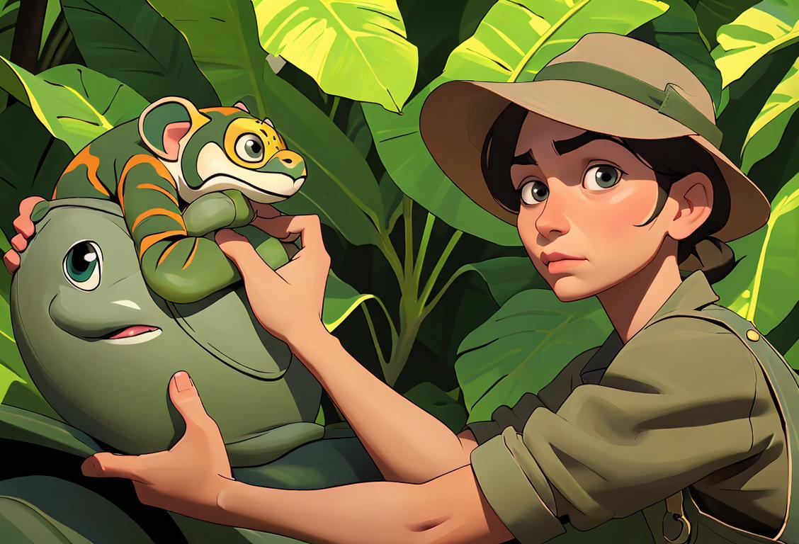 A dedicated zookeeper in khaki overalls and a safari hat, surrounded by diverse species in a lush, tropical jungle setting..
